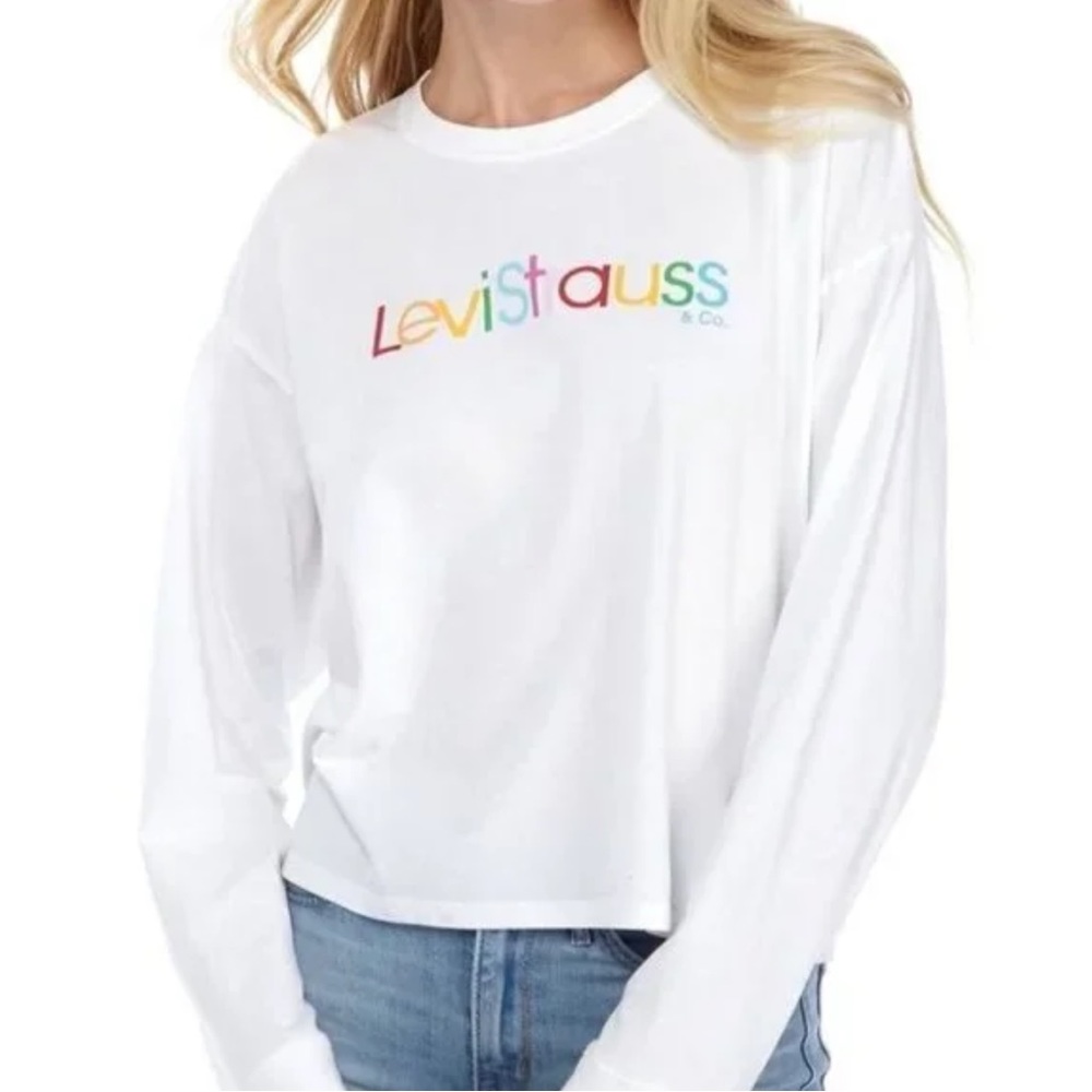 Levi’s Rainbow Logo Long Sleeve Tee White Drop Shoulder Crop Top Large NWT - Picture 3 of 14